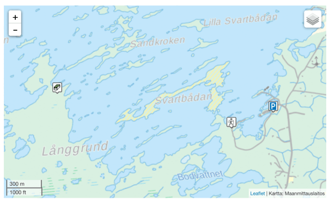 Kätkö ja reittipisteet Maanmittauslaitoksen taustakartalla